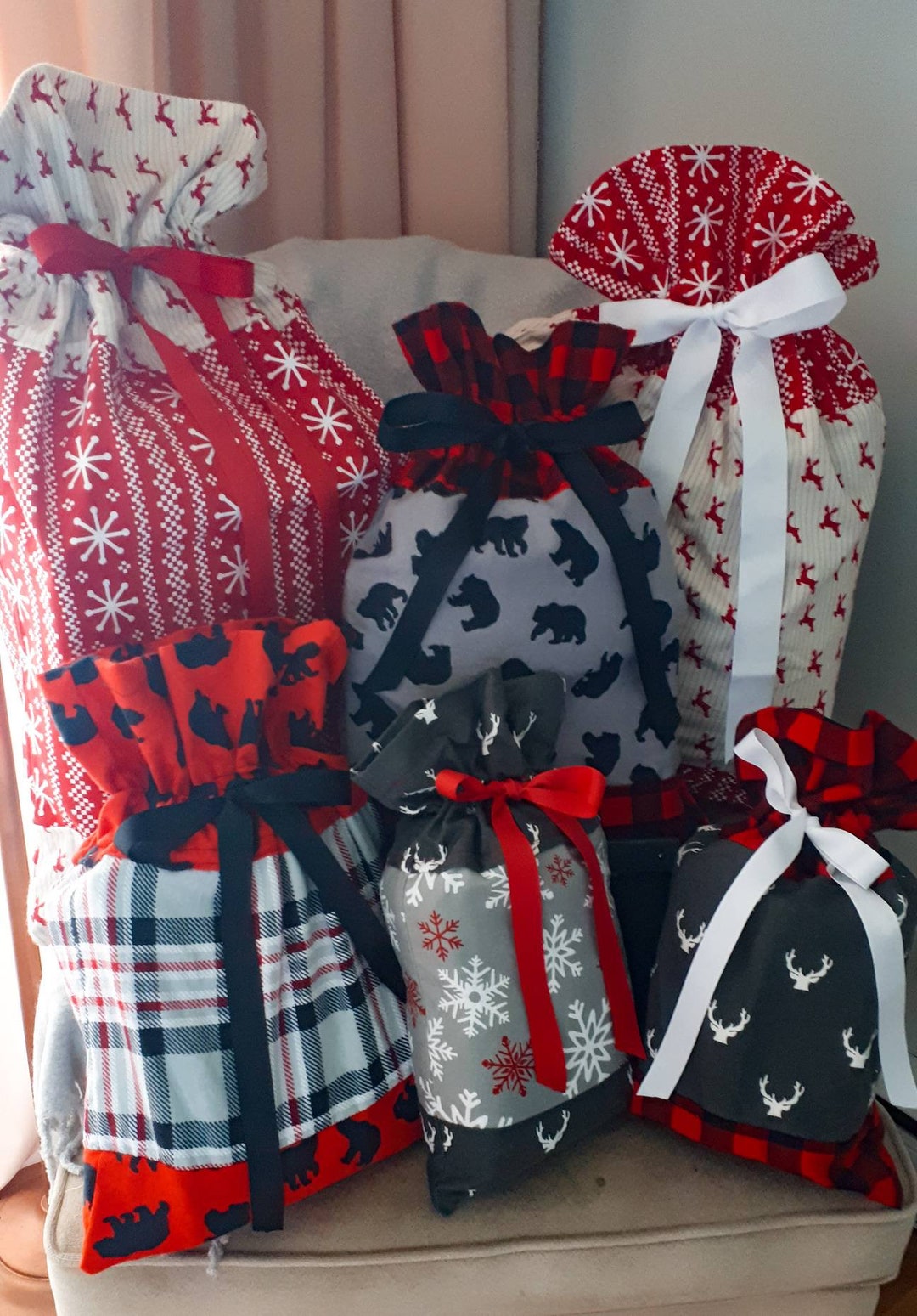 Set of 3 or 4 Fabric Rustic Christmas Gift Bags . Eco Friendly