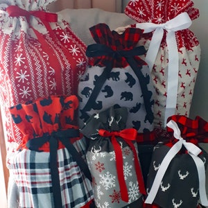 Set of 3 or 4 Fabric Rustic Christmas Gift Bags . Eco friendly, reusable 100% brushed cotton