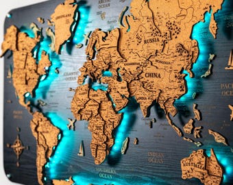 木製世界地図ウォールアート、プッシュピン旅行世界地図、大型