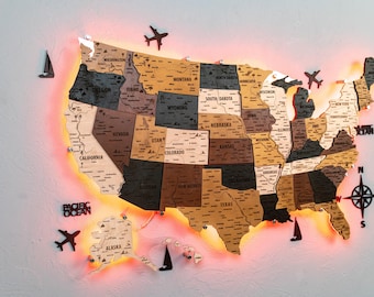 LED US Travel Map: Wood Wall Art with Push Pins