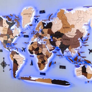 Wooden World Map Wall Decor, 3D World Map, Wood Wall Map, Travel Decor, Apartment Decor, Map Wall Art, Wood Map Led, Map of the World