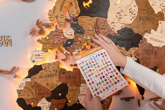 Wooden Detailed World Map With Free Pins Flags, Push Pin Travel World Map,  World Map Wall Art, Wooden Map, World Map, Large World Map 