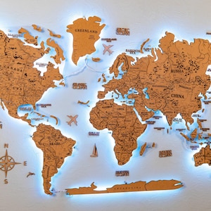 LED Push Pin Travel Map of the World - Unique Map Gift for 18th Birthday, Rustic Wooden Map Wall Art - Perfect Playroom Decor