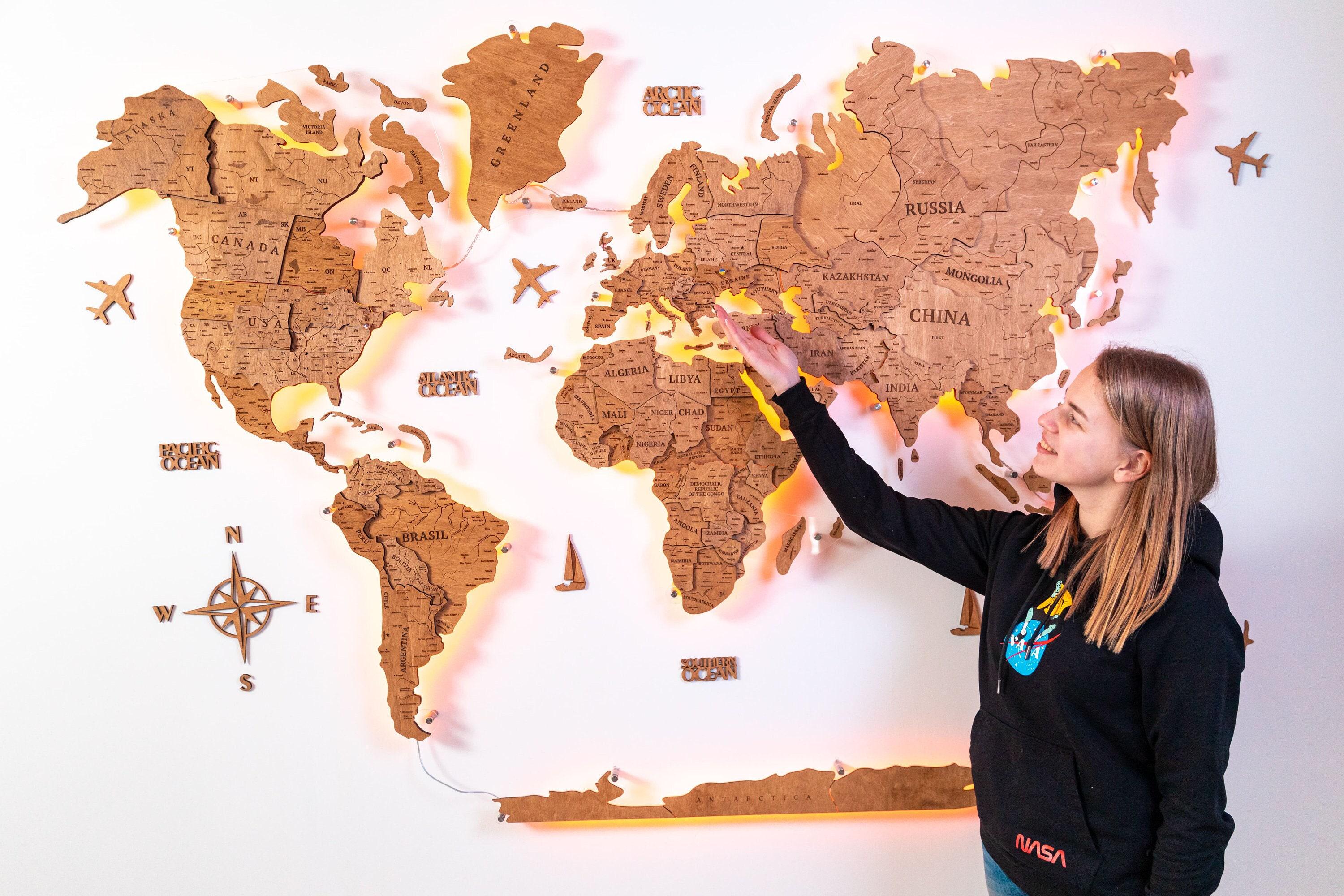 Wood World Map led Wall Art Large Wall Decor Weltkarte Holz Travel 