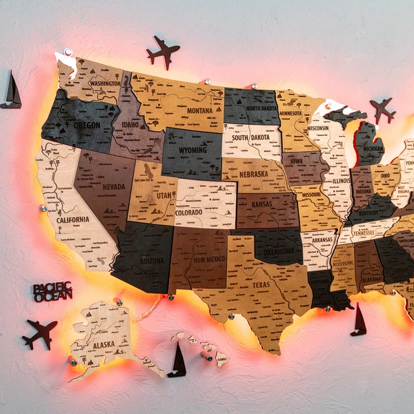 US Travel Map | Apartment Decor | Push Pin Travel Map | US Led Map | Wood Map | Wall Maps | Wooden Map Wall Art | Map of the USA | Push Pin