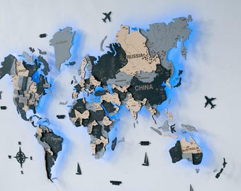 Mapa-múndi de madeira com LED: decoração de parede grande para viagem