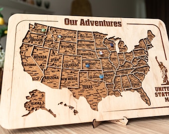 US Wooden Map Home Decor, Push Pin Travel Map, Relationship Gifts Wooden Map of United States, Personalized Map 5th Anniversary Gift