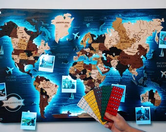 Wooden World Map Levitating, Board with Push Pins – Large 3D Travel Wall Art Decor