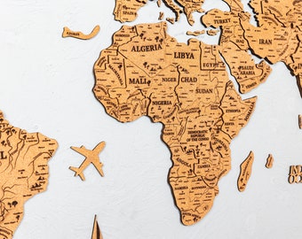 Mapa mundial de corcho de madera 5º aniversario, mapa mundial pared arte decoración de corcho, mapa de madera regalo de bienvenida push pin mapa aventura mapa mundial