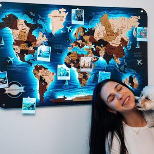 Wooden World Map – Large Push Pin Travel Board with LED Lighting, Wall Art Decor image 14