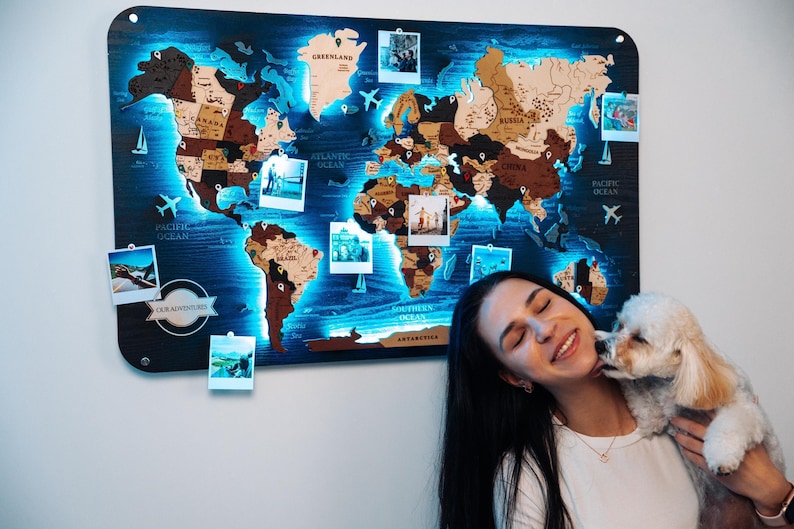 Wooden World Map – Large Push Pin Travel Board with LED Lighting, Wall Art Decor image 14