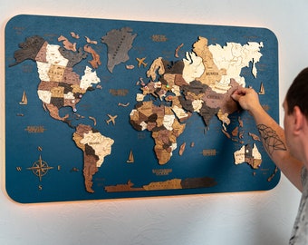 World Map Push Pin, World Map Wall Art, Wooden Travel Map, Led Board Apartment Decor, Pin Board Above Bed Decor, 3d Map Of the World