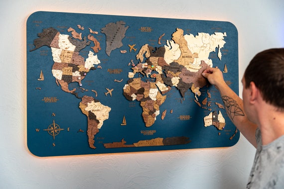 World Map Led Push Pin Wall Art, Cork World Map Board, Wooden