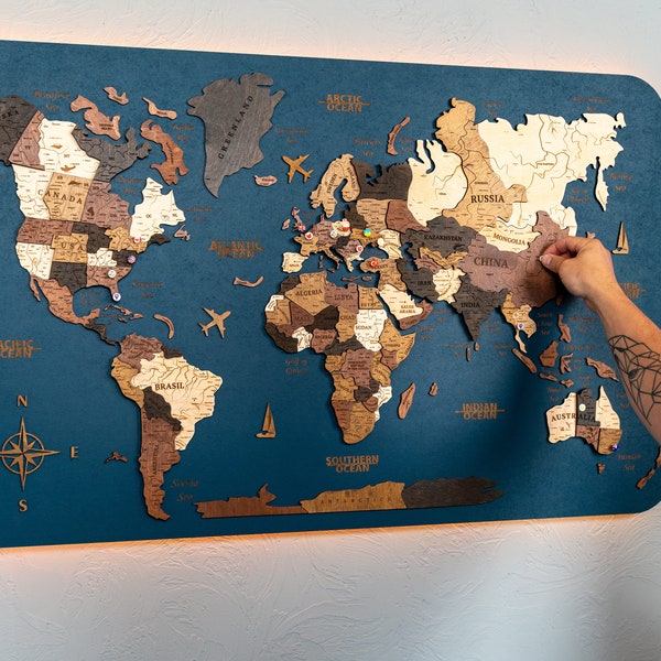 World Map Push Pin, World Map Wall Art, Wooden Travel Map, Led Board Apartment Decor, Pin Board Above Bed Decor, 3d Map Of the World