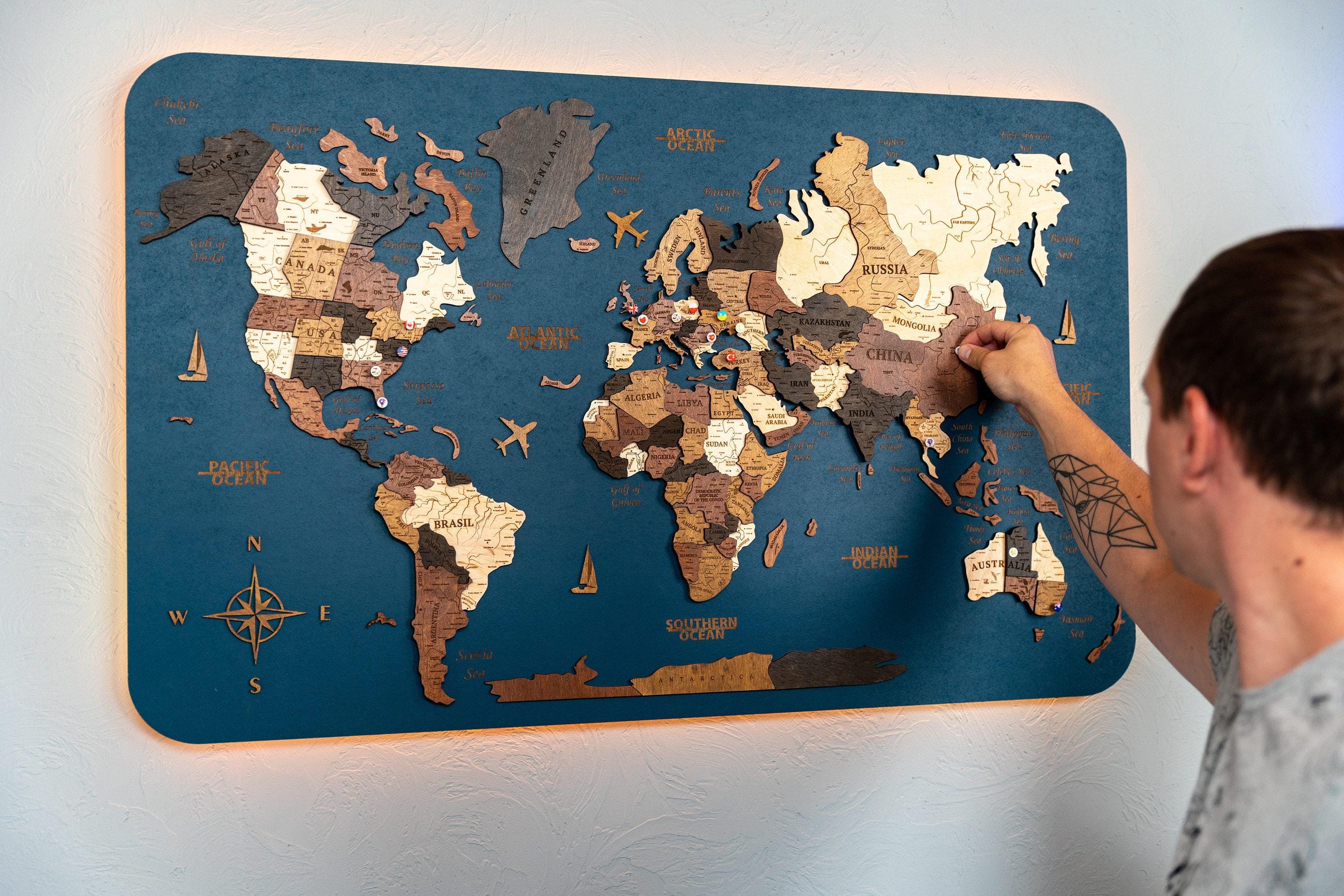 3D Wooden World Map: Push Pin Travel Planner, LED Option