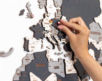 Gray Wooden World Map Wall Decor with Pin Flags