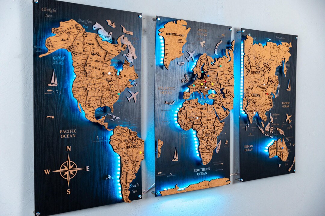 Map Backlit Graphic Canvas World Map With Pins: LED Backlit Wooden Travel Decor - Etsy
