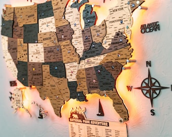 LED Wooden US Travel Map: Push Pin States, National Parks