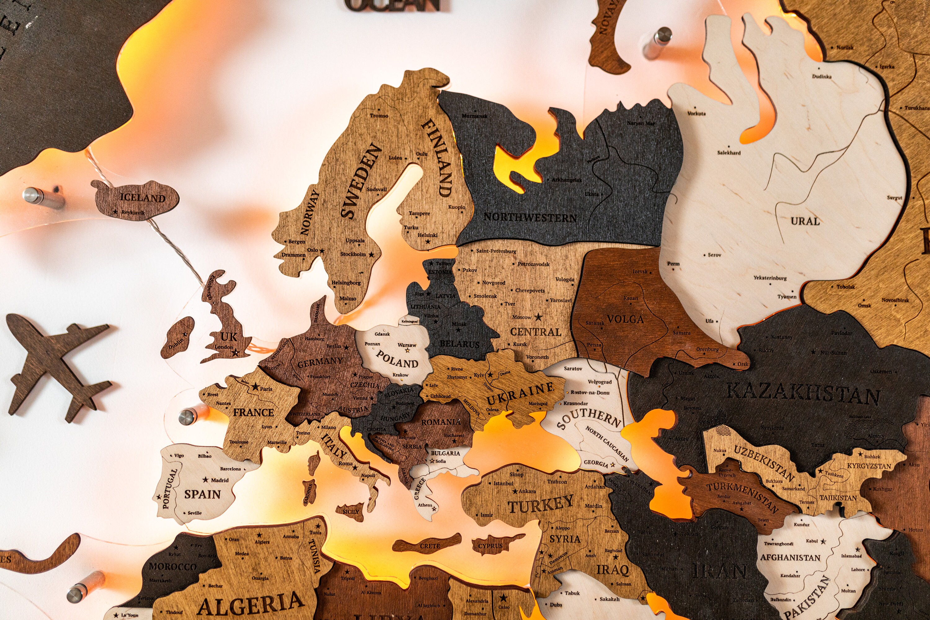 3D Wooden World Map LED, Weltkarte Holz, Large Wall Art Wood
