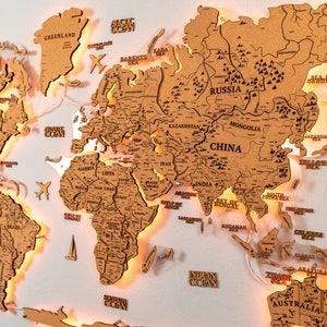 Wooden Cork Map, Cork World Map, LED Cork World Map, Wooden World Map, Cork Map, World Map Cork Art, Natural Wooden Map, Push Pin Travel Map