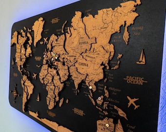 LED Wooden World Map Push Pin Board: Travel Wall Art