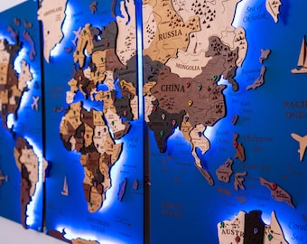 LED Wooden World Travel Map with Pins