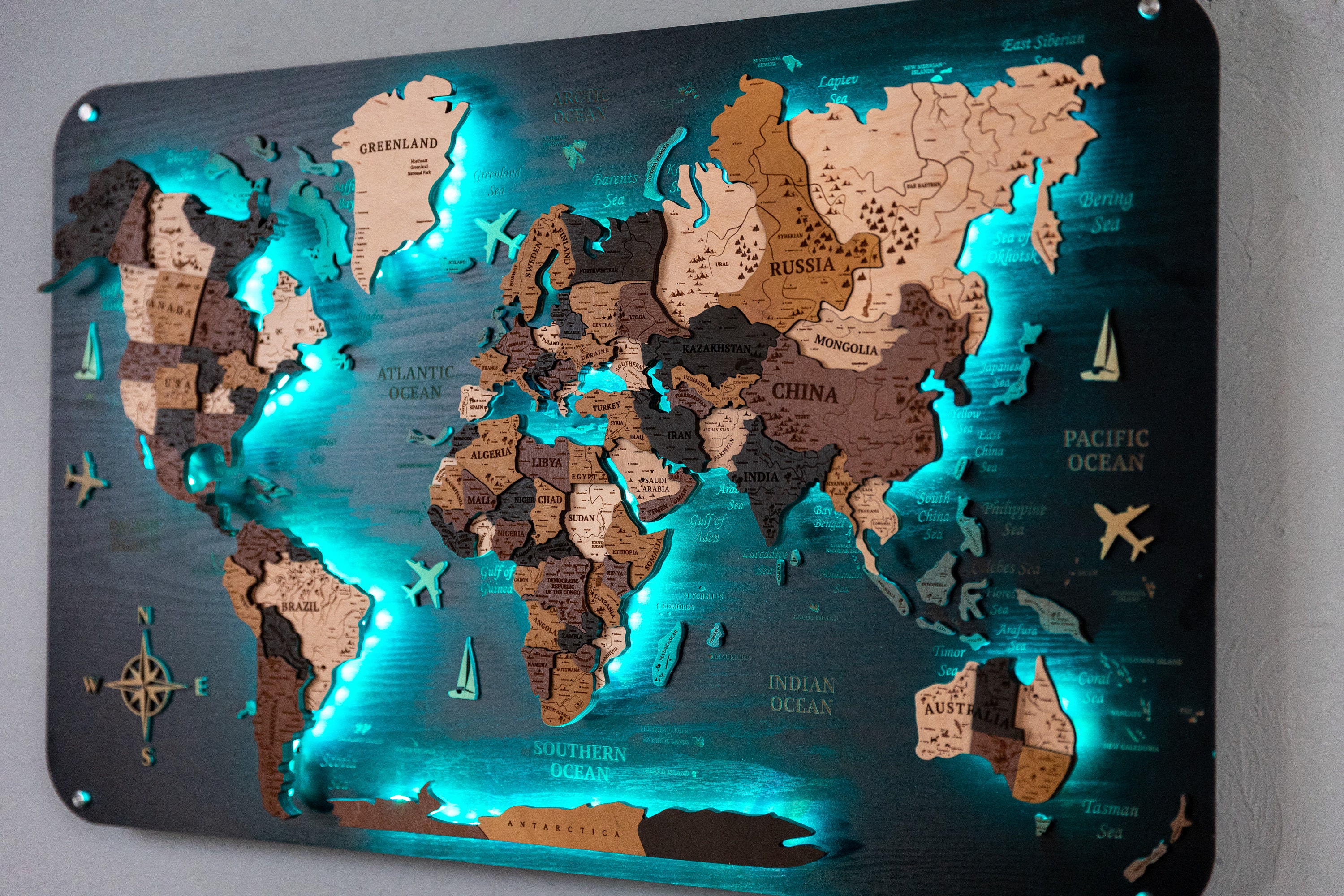 Led Illuminated Wooden World Map, Solid Oak, Wall art decor, 180x90, Gift  for Traveller