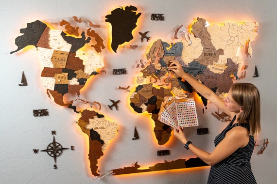 Led Wooden World Map, Wood World Map, Weltkarte Holz, Wooden Map,  Backlighting, 3d Wood World Map, LED Lighting, Home Wall Decor 