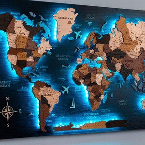 Led World  Map, Levitate World Map, Wooden Wall Maps, Push Pin Map, Map of the World, Home decor, Apartment Decor, Map Wall, Wooden Wall Art
