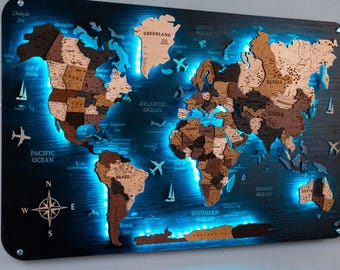 Wooden World Map – XXL Push Pin Travel Board with LED Lighting, Wall Art Decor