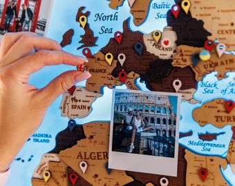 Wooden Push Pin World Map: Rustic Travel Decor with Country Names