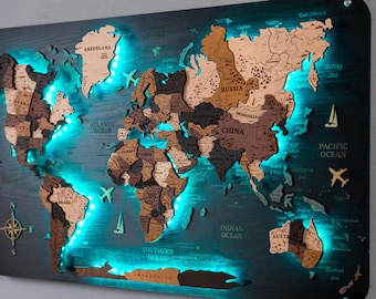 LED Wood World Map: Push Pin Travel Wall Decor, Gift For Boyfriend
