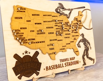 Wooden Baseball Stadium Tracker Map: US Travel Map