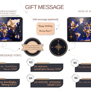 The image is a gift message featuring a personalized world map with a rose of wind motif. It includes a map of the world with a rose on it, and a message for a birthday gift. The message is personalized with the names of the recipient, James Sophia and James Sophia, along with their birth dates. The image also includes a map of the world with a rose on it, and a message for a birthday gift. The image is a collage of multiple images, and the text is limited to avoid redundancy and ensure clarity.