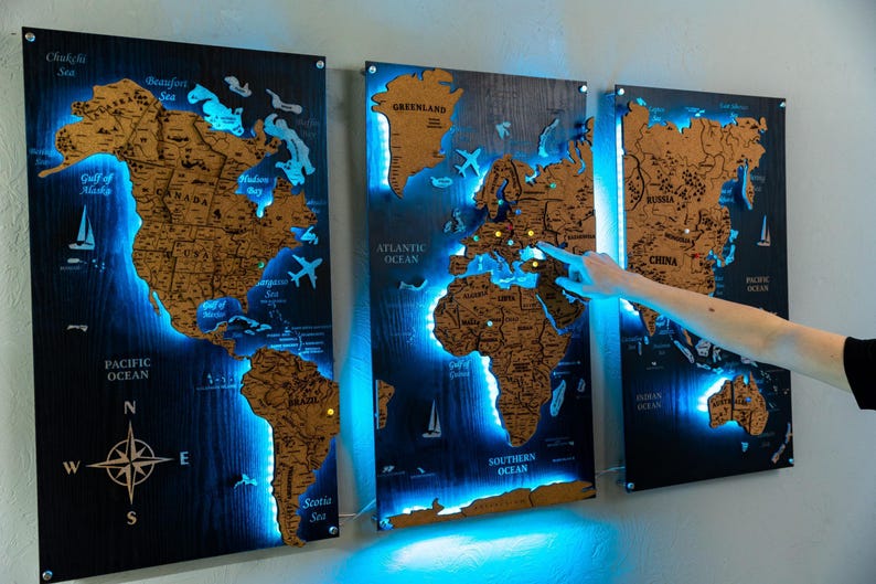 Wooden World Map – Large Push Pin Travel Board with LED Lighting, Wall Art Decor image 16