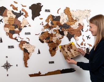 Mapa del mundo de madera 3D para pared: decoración rústica de viaje, mapa con chinchetas
