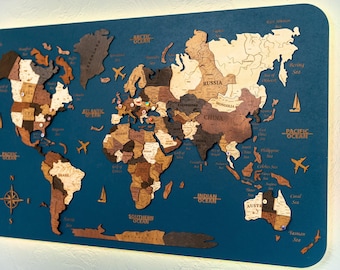 Wood World Map on Canvas, Push Pin Travel Decor