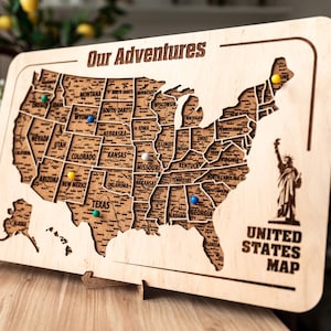 Tableau en liège des États-Unis, carte des États-Unis, carte en liège en bois, cadeau d'anniversaire