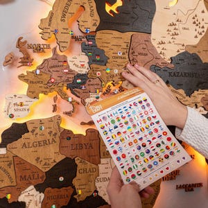 World Map Push Pin Board + FREE Pins, Wooden World Map Wall Decor, Gifts 3D World Map