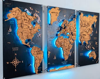 Personalized Cork & Wooden World Map – Push Pin Travel Map with LED, Wall Art for Travelers, 10 Year Anniversary or Couples Gift