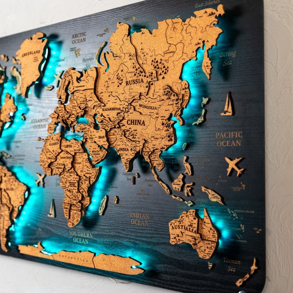 Levitating map of the World, Wooden World Map, Cork World Map, Wooden Map World Map, Cork Map, Wall Decoration, Push Pin Travel Map, LED Map