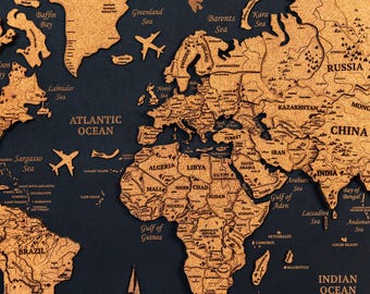 Wooden World Map Wall Art: Cork Pin Board Travel Decor