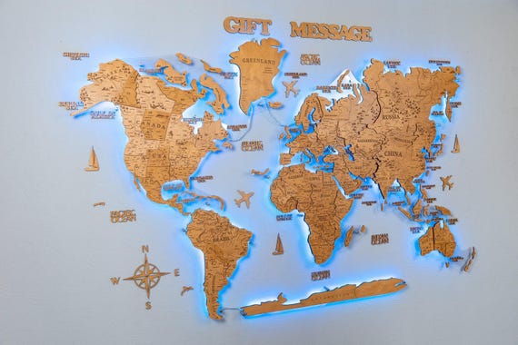 3D Wooden World Map With LED Backlight: Push Pin Travel Map