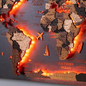 Wooden World Travel Map for Office Wall Decor - Unique LED Wall Art, Customizable World Map Canvas - Perfect Wood Gift