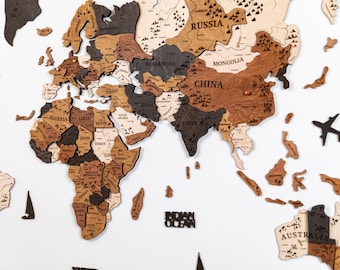Detailed Wooden World Map with Pins: Travel Wall Art
