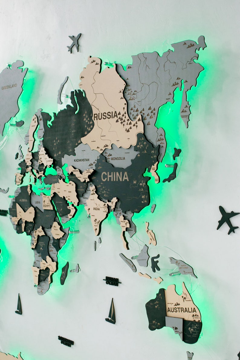 Wooden World Map Led Backlighting Lighting Etsy
