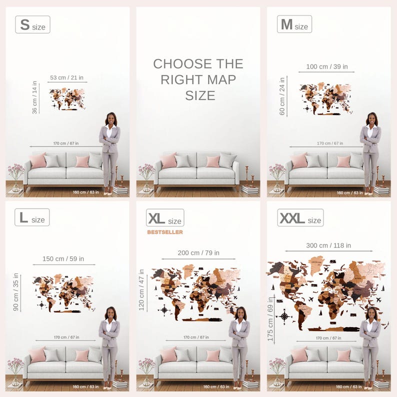 The image is a collage of six images showing a woman standing in front of a large world map, each with different map sizes and descriptions.