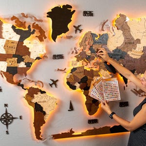 Wood world map, Weltkarte Holz, wooden map, Wood Wall Map, 3d wood world map, LED World Map, Home Wall Decor, World Map Wall Art, Travel Map