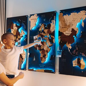 Large World Wooden Map, Push Pin Map Board, Handmade Wooden Maps, Family Travel Map, World Map Wall Art