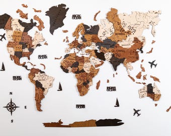 3D Wooden World Map, Elegant Wall Decor, Push Pin Travel Map